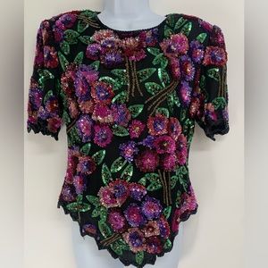 Vintage Laurence Kazar silk floral beaded blouse large l